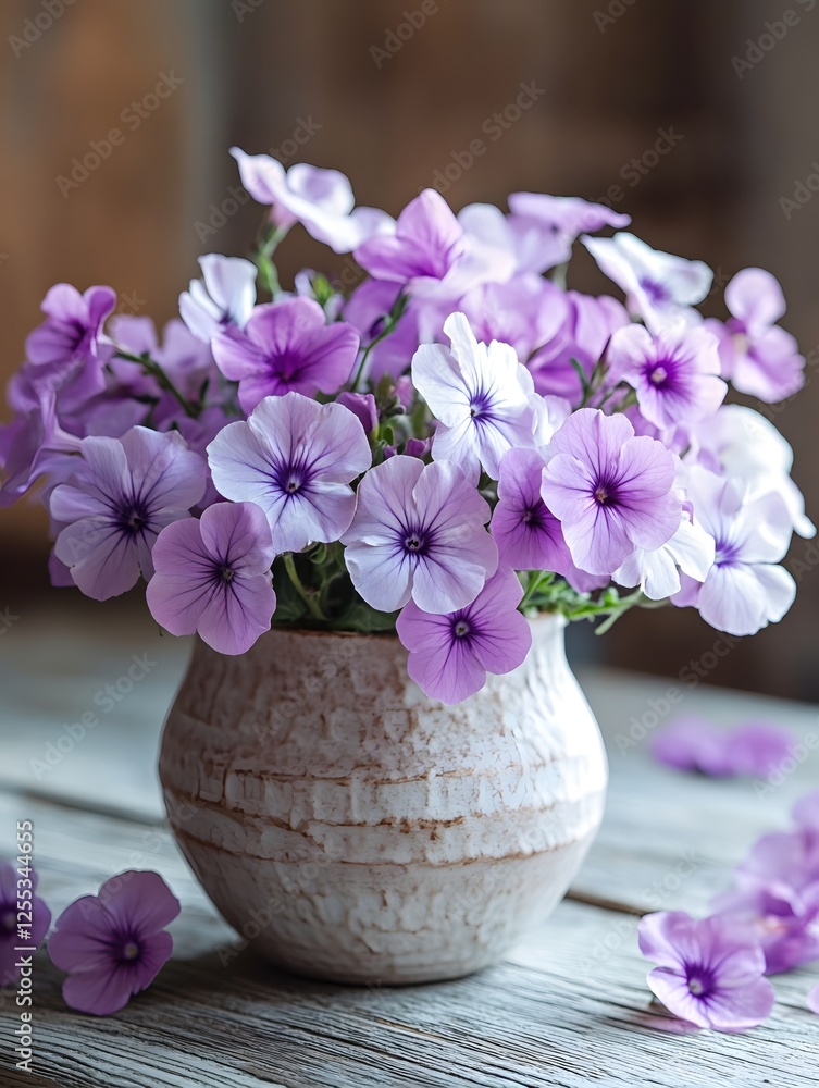 Poster elegant purple flowers in a rustic vase on a wooden table creating a serene and calming scene