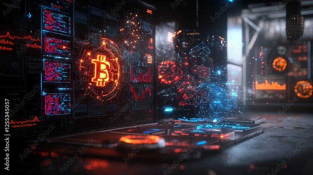 Poster dynamic tech driven economic scene featuring cryptocurrency data visualization, blockchain technolog