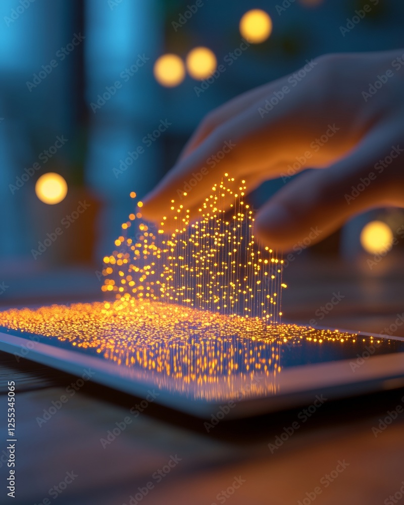 Poster Futuristic Holographic Interface Gesture-Controlled Data Visualization on Sleek Glass Tablet - Enhancing Digital Interaction in Modern Tech Workspaces
