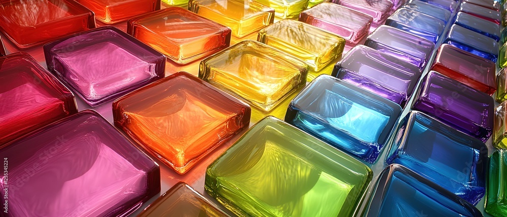 Poster colorful array of transparent square glass blocks in a vibrant and playful arrangement