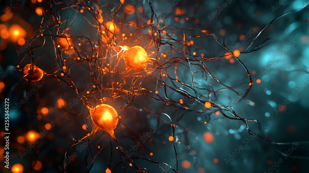 Aufkleber Vibrant Glowing Neurons and Synaptic Connections   Abstract Biological Science Concept with Illuminated Electric Signals and Futuristic Neural Network Pattern