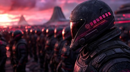 A group of futuristic soldiers in sleek black armor stands in formation, capturing the essence of advanced technology against a vibrant, colorful sunset backdrop filled with glowing lights.
