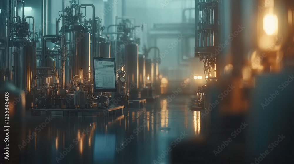 Poster dynamic tech driven financial scene with automated machinery and glowing lights. atmosphere is indus