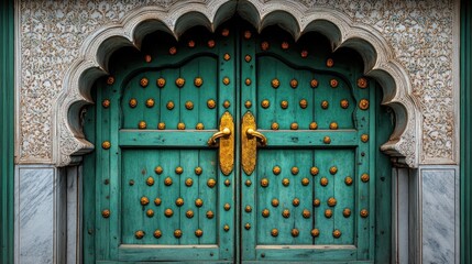 Ornate teal wooden doors, arched entryway, Mughal architecture