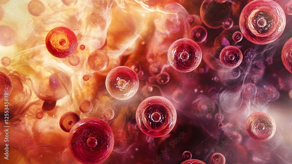 Fototapete Vibrant Microscopic Organic Abstract Composition with Glowing Molecules and Cells  Colorful digital featuring a surreal psychedelic and futuristic biological design with fluid shapes swirls