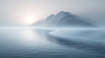 Misty sunrise, coastal mountains, tranquil water, serene landscape