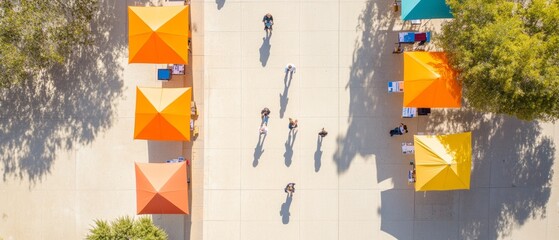 Vibrant Community Health Fair Aerial View of Colorful Information Booths with Engaged Groups Wellness Event Marketing and Urban Social Connectivity in Outdoor Settings