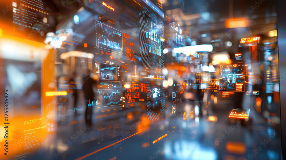 Poster futuristic digital commerce lab with glowing data displays and analytics