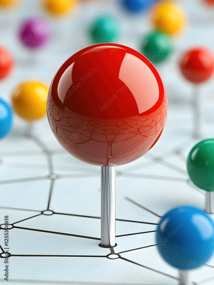 Poster colorful pushpins on network connection background representing data points and connections