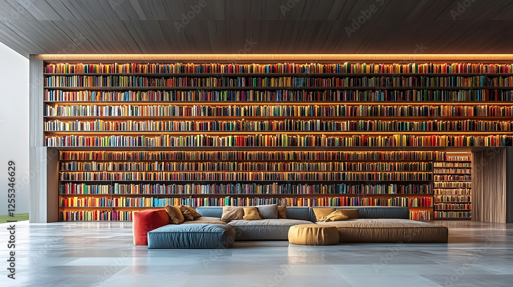 Poster A modern reading room featuring a large bookshelf filled with colorful books, complemented by a cozy seating area and floor-to-ceiling windows