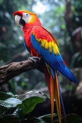 Obraz premium Scarlet Macaw Perched on Branch in Lush Green Foliage