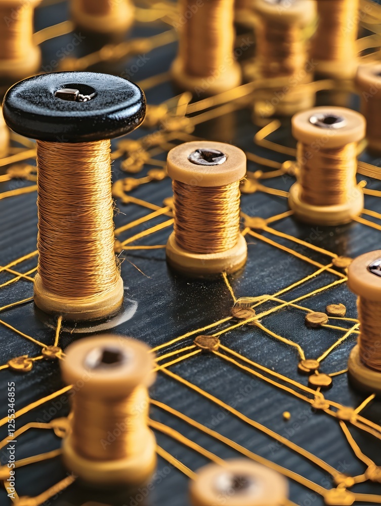 Poster golden threads on a dark canvas spools of yarn arranged in a geometric pattern abstract art