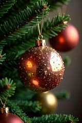A shining metallic orb suspended from a branch of a Christmas tree, festive, sphere, tree