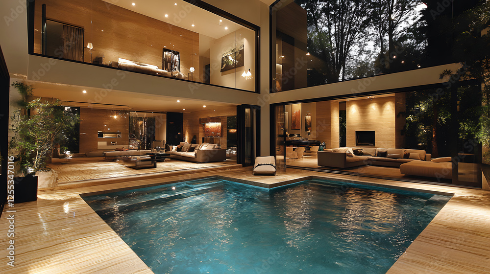 Poster a modern home with a luxurious interior and a serene pool area, surrounded by greenery, creating a p