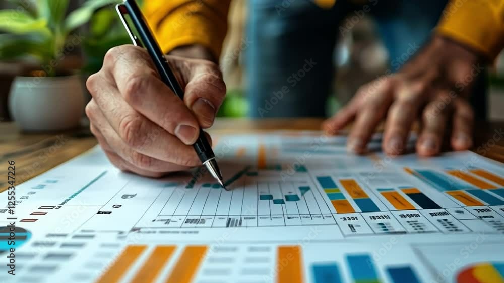 Poster analyzing data: a close-up shot captures a person's hand, pen in hand, meticulously analyzing charts