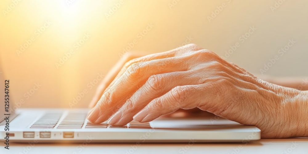 Poster Warm Ambient Financial Analytics Senior Hands Typing on Sleek Laptop with Holographic Charts - Business Visualization and Real-Time Data for Modern Market Monitoring