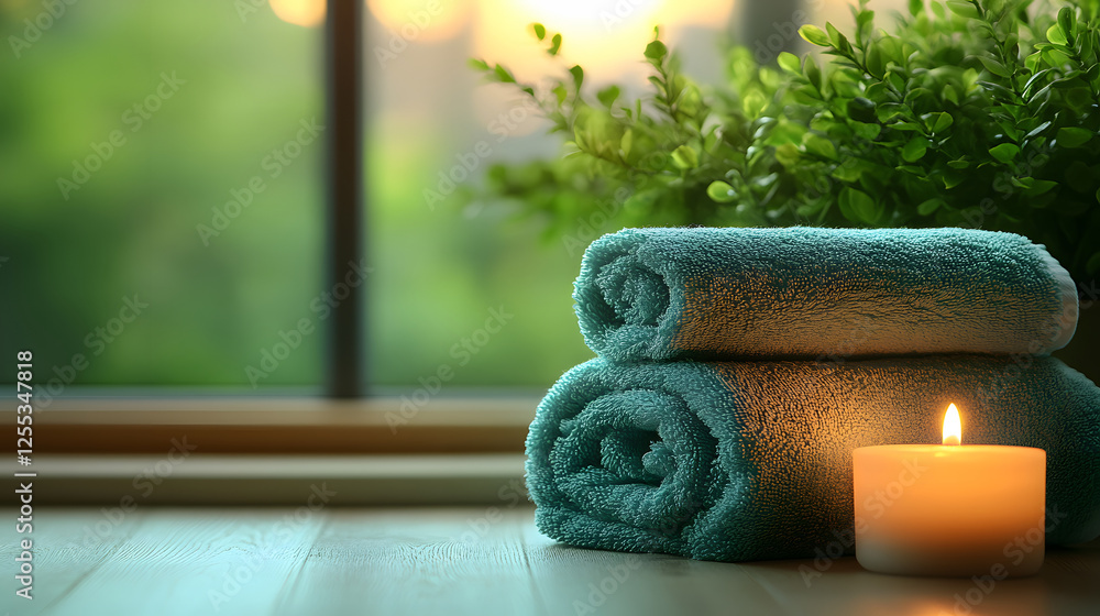 Poster soft, teal towels are neatly arranged beside a lit candle and a green plant, creating a tranquil amb