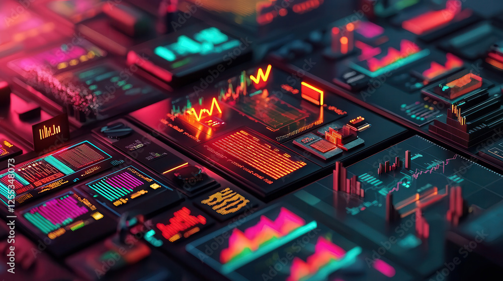 Poster high tech data visualization with colorful graphs and charts showcasing global economy trends