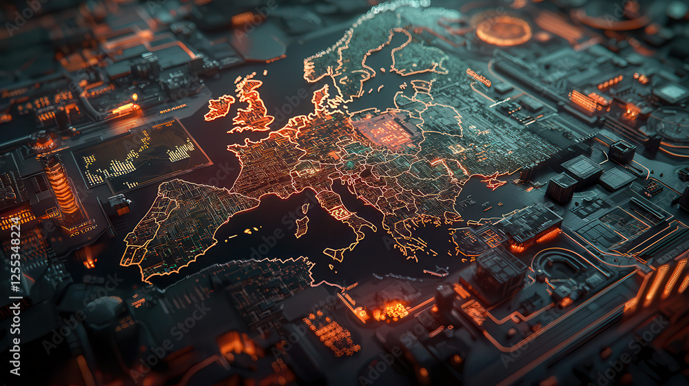Poster high tech visualization of europe with glowing circuits and data patterns, showcasing futuristic glo