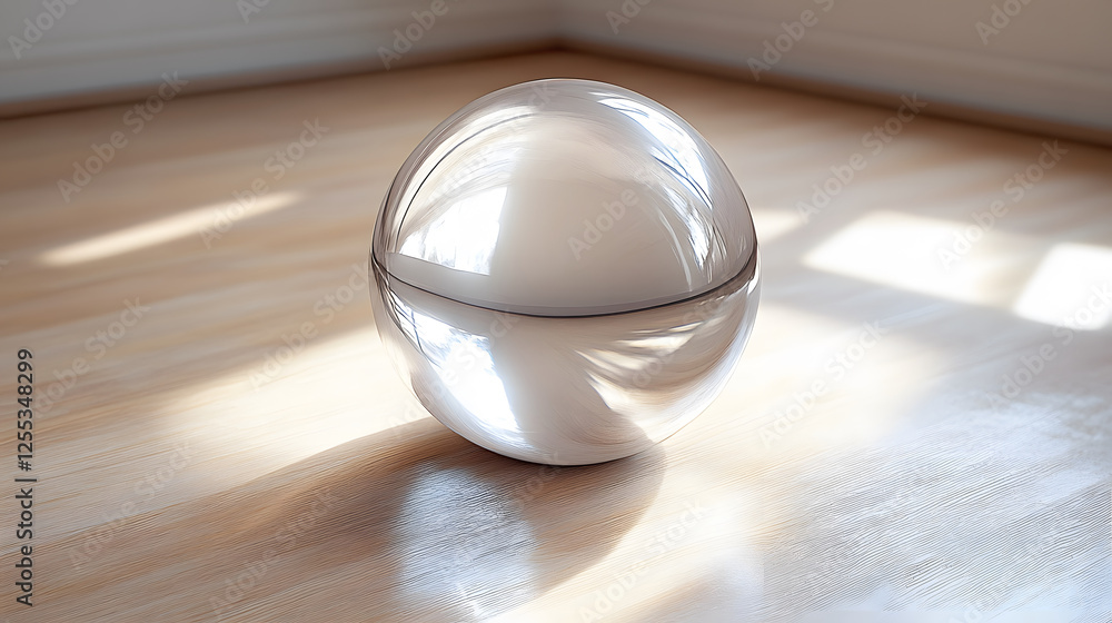 Poster a reflective, spherical object rests on a wooden surface, illuminated by soft, natural light, showca