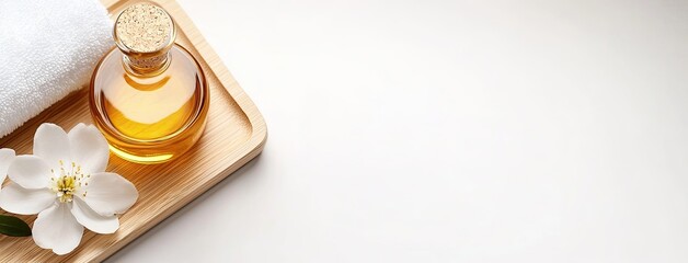 A lovely tray features aromatherapy oils, candles, and fresh flowers, creating a serene spa-like atmosphere for relaxation