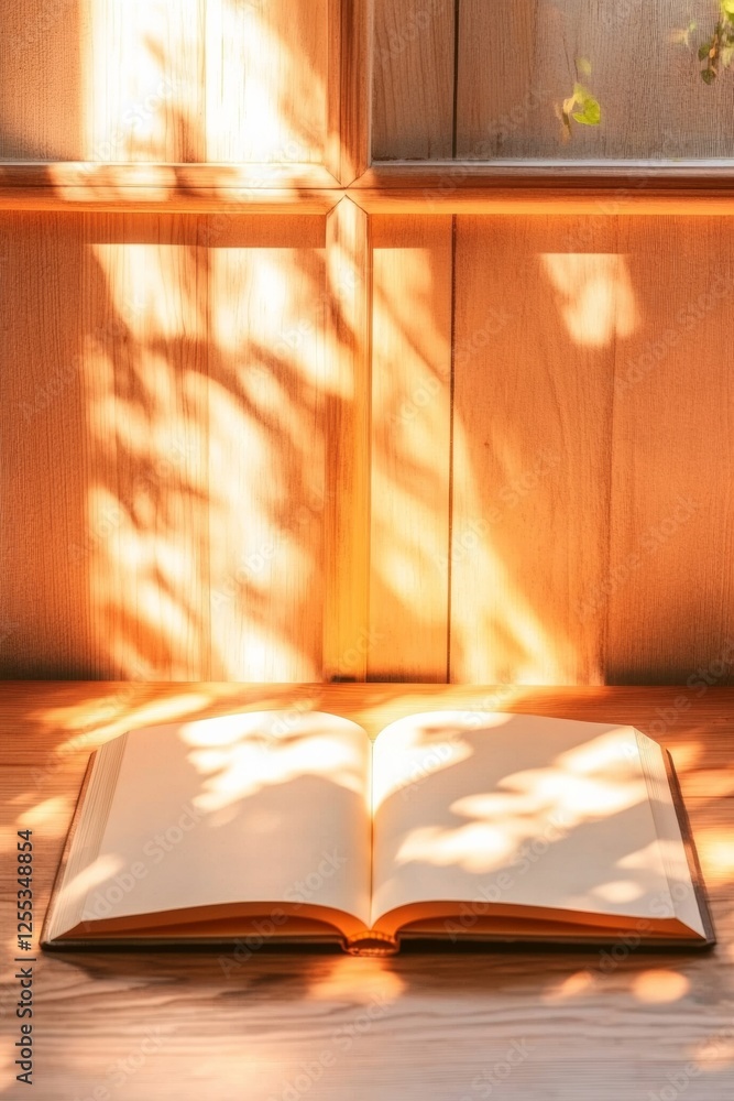 Leinwandbilder sunlit minimalism open blank textbook on wooden desk - natural texture for educational content and k
