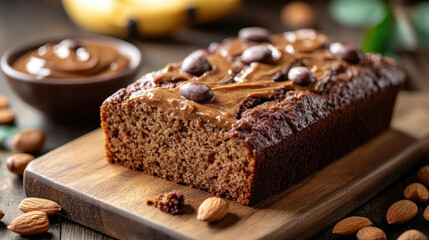 Gluten-free banana bread on a cutting board with a side of almond butter