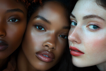 Close-up portrait of diverse women with different skin tones, showcasing beauty and unity. The image symbolizes diversity, empowerment, and cultural appreciation.