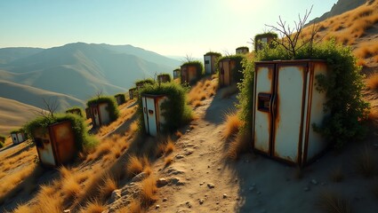 Abandoned structures on a mountain path surrounded by dry grass and hills