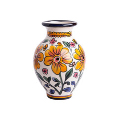 A beautifully crafted vase adorned with colorful floral designs, Isolated on white background.