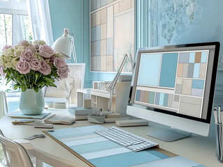 Elegant home office with stylish decor and computer workspace