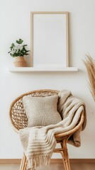 Fototapeta premium A rattan chair, cozy knit blanket, and a floating shelf with a centered white frame.