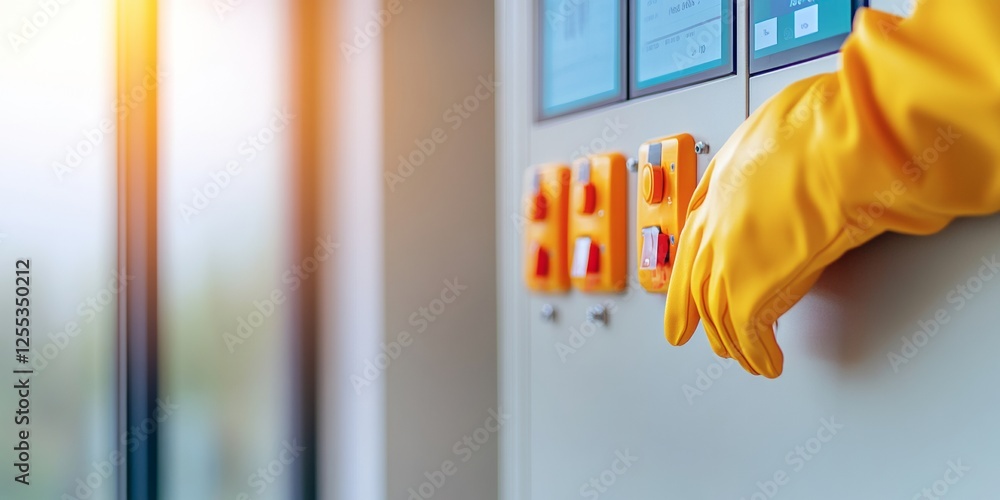 Poster industrial safety interfaces gloved hand on control panel with digital displays - cybersecurity in m