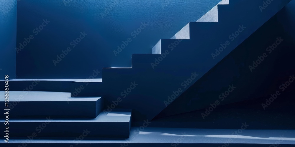 Poster a refined minimalist composition with a deep blue background, clean lines and abstract forms, minima