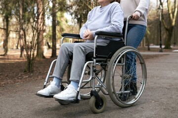 Obraz premium Compassion in Motion Providing Wheelchair Assistance to Individuals in Natures Beauty