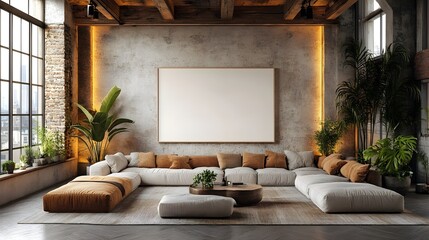 A refined modern loft with exposed beams, soft downlights, and a blank white frame.
