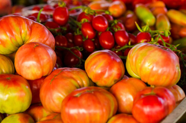 A selection of fresh Italian tomatoes displayed at the fruit market
