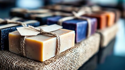 A collection of artisan soaps wrapped elegantly in twine on a burlap surface showcases a rustic yet refined aesthetic, highlighting the beauty of handcrafted items.