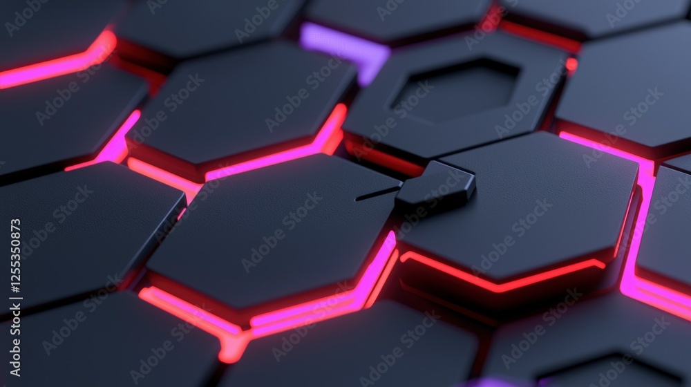 Poster abstract hexagon pattern with pink and red neon lights