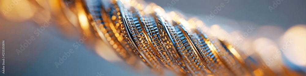 Poster overlapping metallic bands with intricate patterns