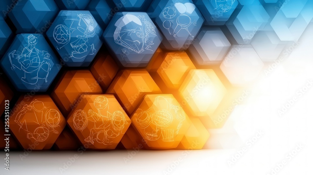 Poster abstract hexagonal pattern background in blue and orange