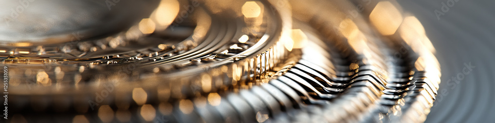 Poster close-up of concentric metallic rings and parallel structures
