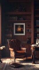 A richly decorated library with deep brown bookshelves, warm lighting, and a framed blank canvas.