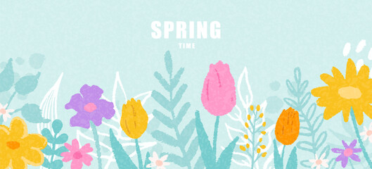 Floral spring card or poster featuring wildflowers, tulips. Hand drawn template is perfect for celebrating Womens Day on March 8, birthdays and Mothers Day. Vector texture illustration