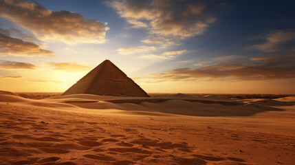 Menkaure Pyramid in Giza illuminated by golden sunset, surrounded by desert dunes under dramatic sky