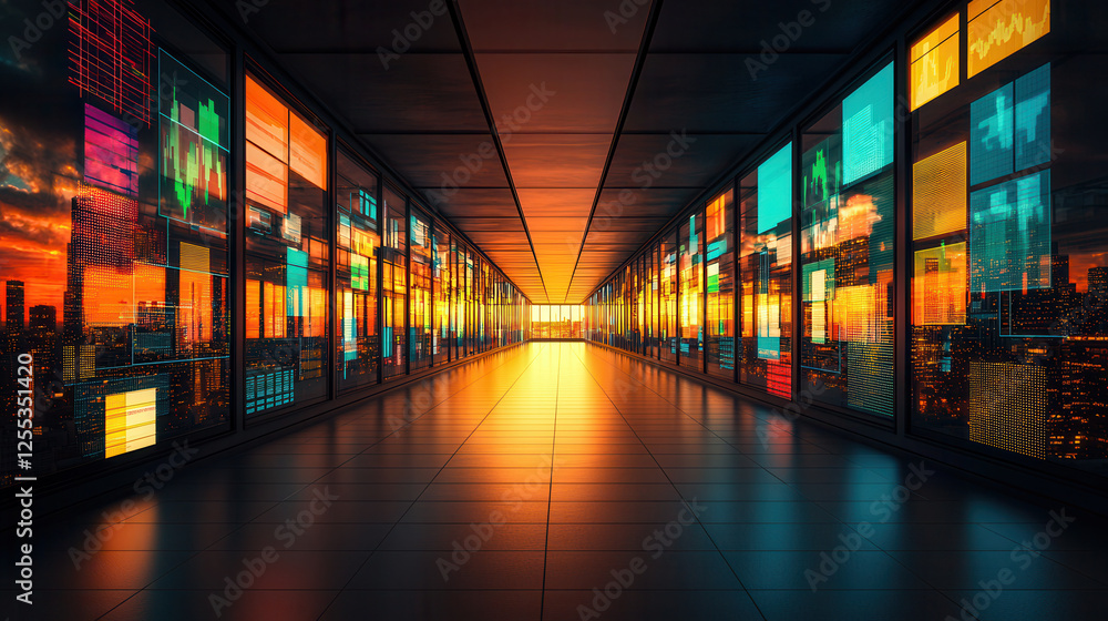 Poster futuristic digital commerce hub with vibrant screens displaying data and city views. warm sunset cre