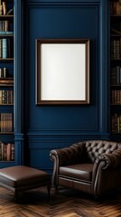 A rich, walnut-colored library with deep blue walls and a perfectly placed blank white frame.