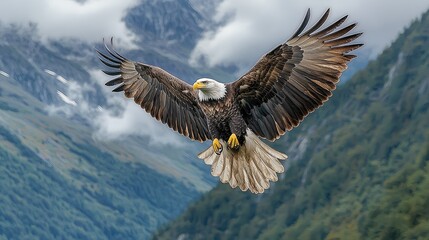 Fototapeta premium Majestic Bald Eagle Soaring Over Mountainous Terrain