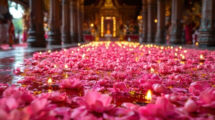 Pink flower petals and lit candles in temple aisle