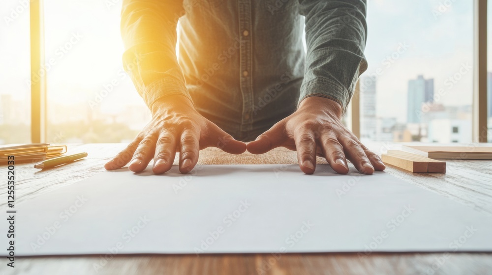 Aufkleber modern minimalist workspace hands poised over a contract on rustic wooden desk in sunlit office - bu